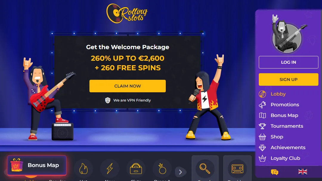 Rolling slots site welcome bonus banner and slots available at rolling slots casino