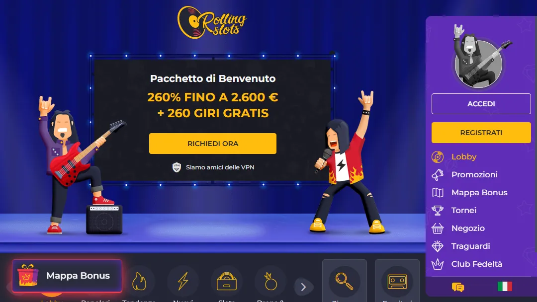 Casinò online Rolling Slots Banner del pacchetto di benvenuto di Rolling Slots